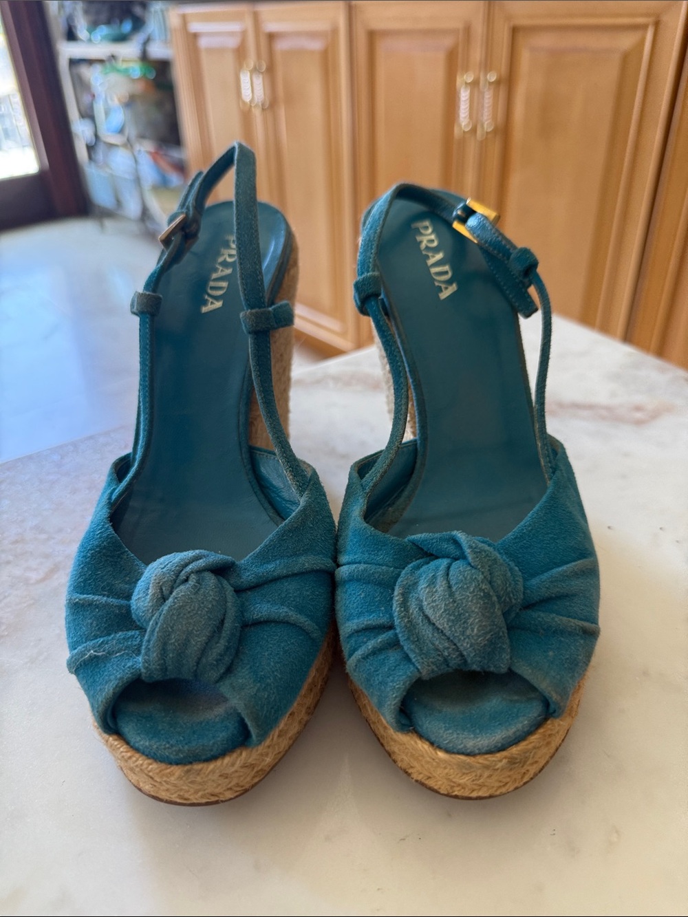 Prada Teal Suede Knot Espadrille Wedges